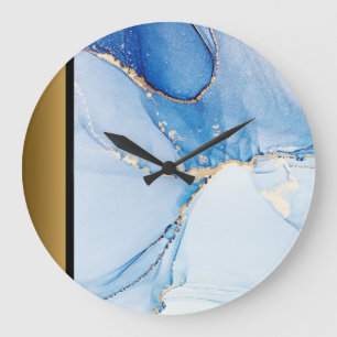 Elegant Modern Chic Blue Gold Marble Pattern  Large Clock