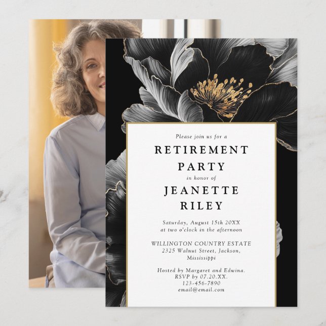Elegant Modern Chic Floral Retirement Party Photo Invitation (Front/Back)