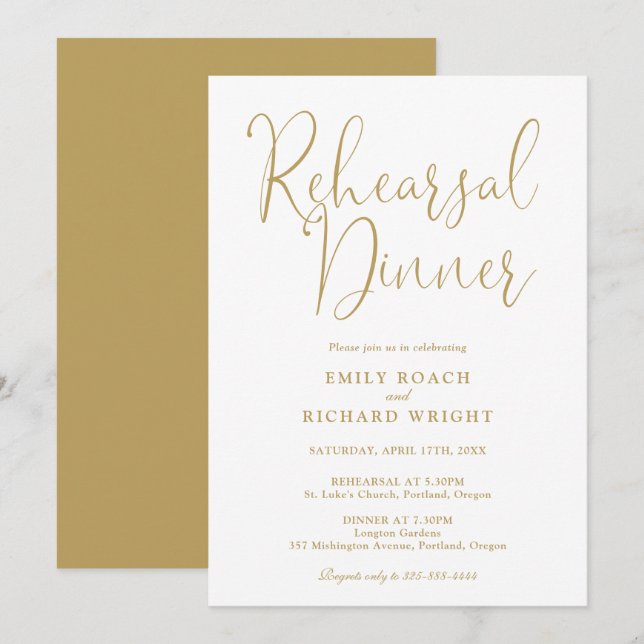 Elegant Modern Chic Gold Script  Rehearsal Dinner Invitation (Front/Back)