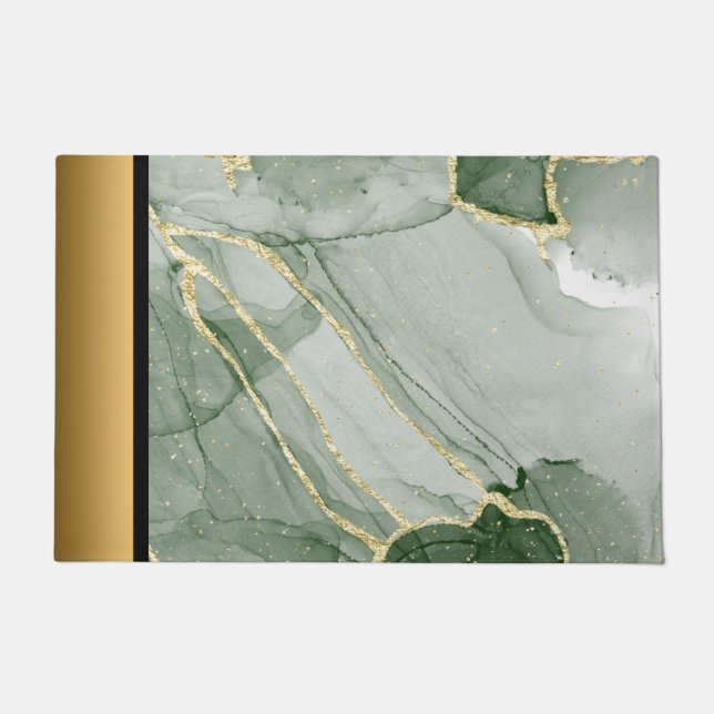 Elegant Modern Chic Green and Gold Marble Pattern Doormat (Front)