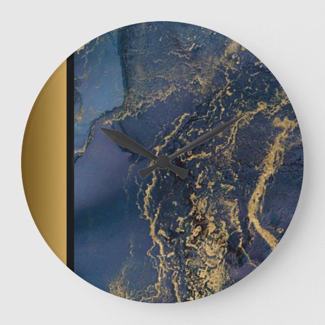 Elegant Modern Chic Navy Blue Gold Marble Pattern  Large Clock (Front)