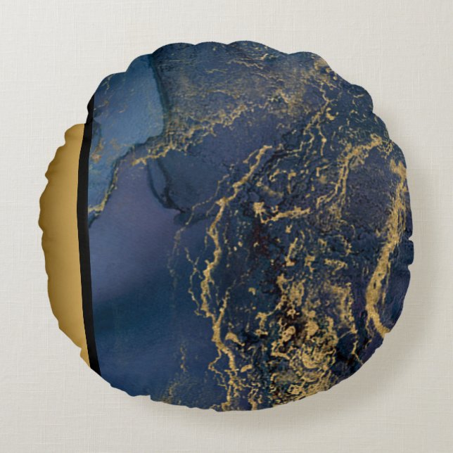 Elegant Modern Chic Navy Blue Gold Marble Pattern  Round Pillow (Front)