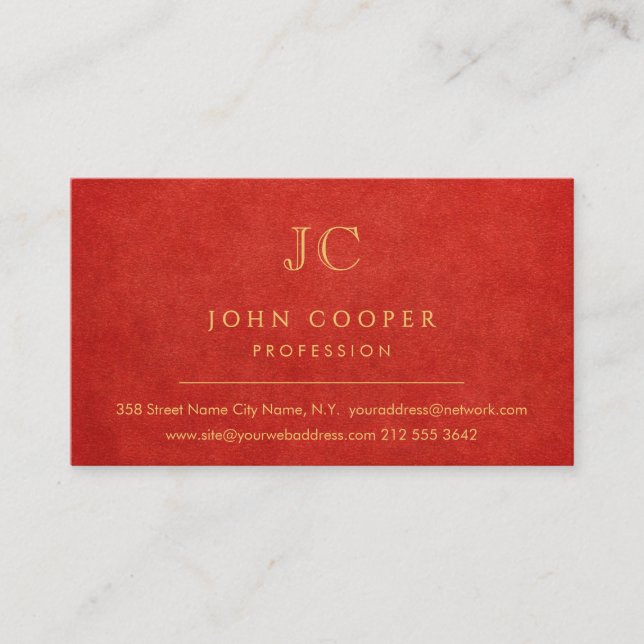 Elegant Modern Chic Red and Gold Business Card (Front)