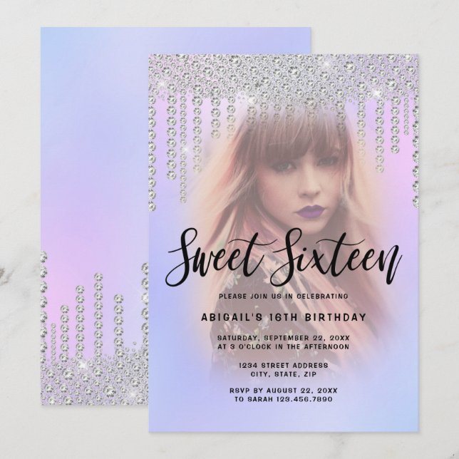 Elegant modern chick diamond drips sweet sixteen invitation (Front/Back)