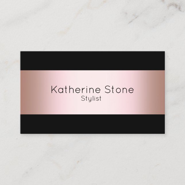 Elegant modern chick rose gold & black strip business card (Front)