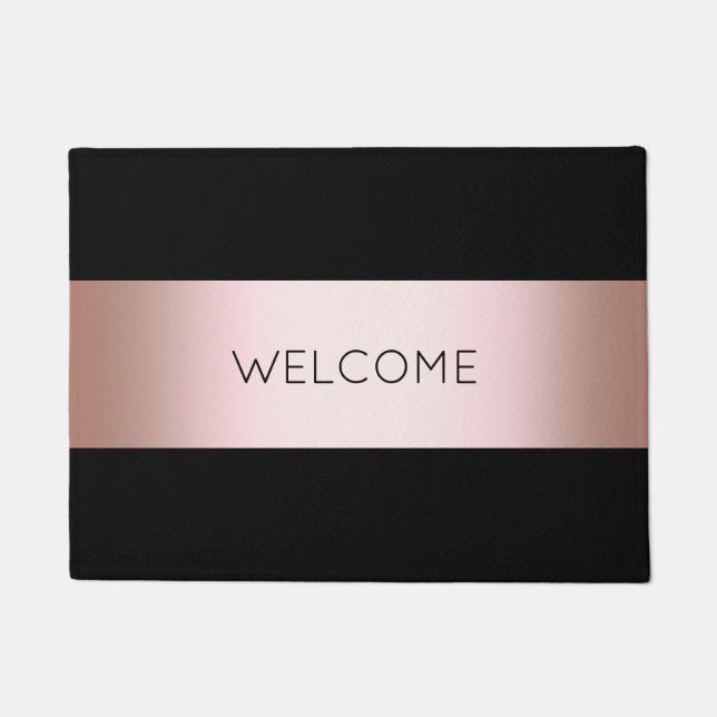 Elegant modern chick rose gold & black strip doormat (Front)