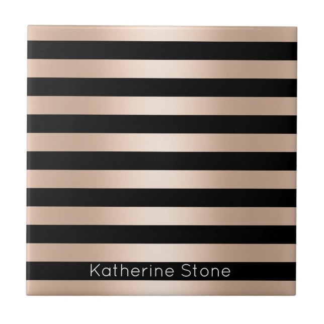 Elegant modern chick rose gold black striped tile (Front)
