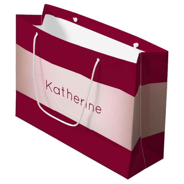 Elegant modern chick rose gold & burgundy strip large gift bag (Front Angled)