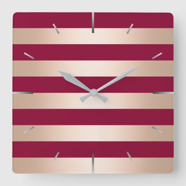 Elegant modern chick rose gold burgundy striped square wall clock (Front)