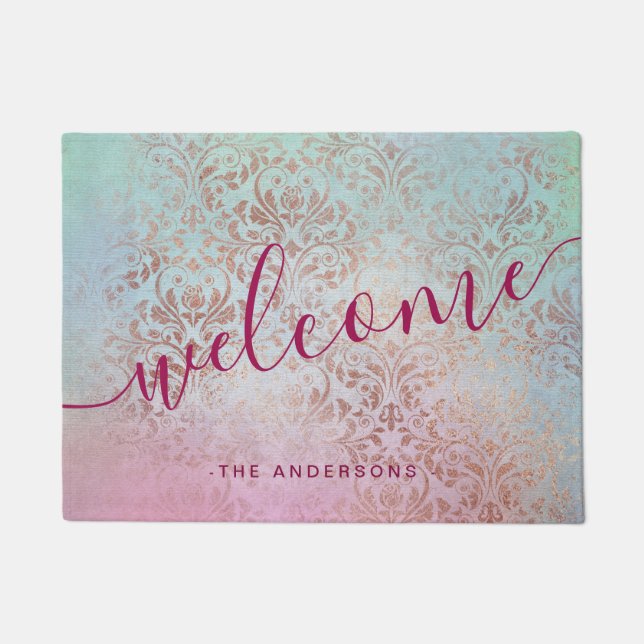 Elegant modern chick rose gold damask watercolor doormat (Front)