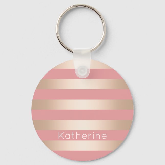 Elegant modern chick rose gold pink striped keychain (Front)