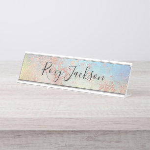 Elegant modern chick rose gold watercolor colorful desk name plate