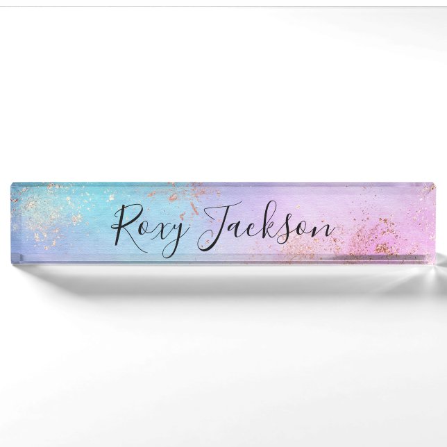 Elegant modern chick rose gold watercolor colorful nameplate (Front)