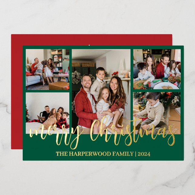 Elegant Modern Christmas Family Photo Collage Foil Holiday Card (Front/Back)