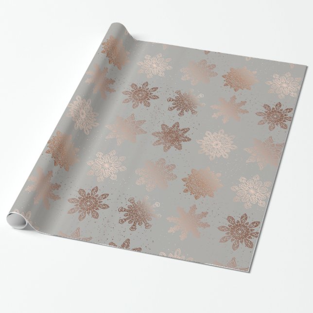 Elegant Modern Christmas | Rose Gold Snowflakes Wrapping Paper (Unrolled)