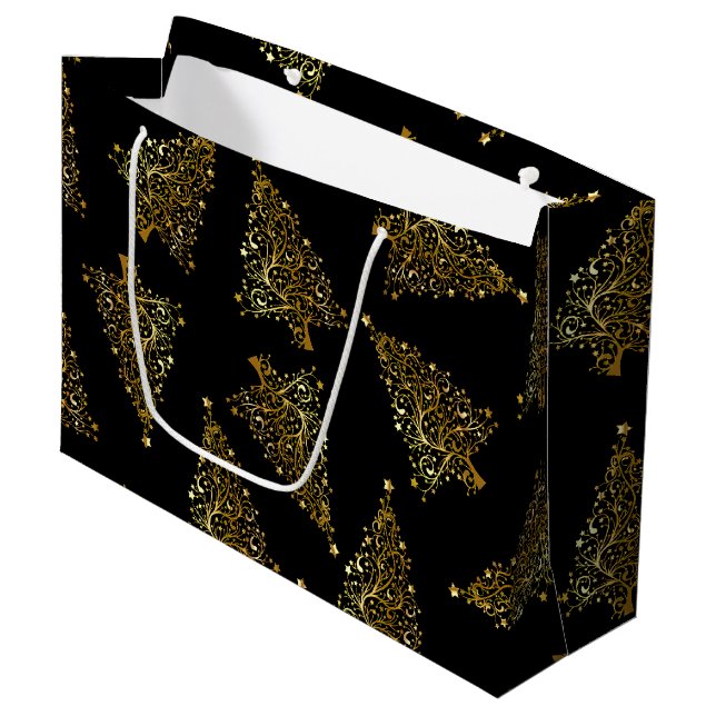 Elegant modern Christmas tree pattern black gold Large Gift Bag (Front Angled)