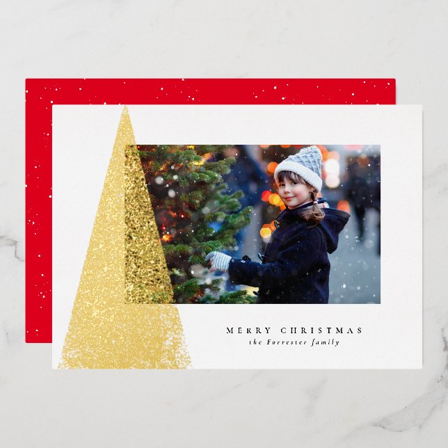Elegant modern Christmas tree unique one photo red Foil Holiday Card (Front/Back)
