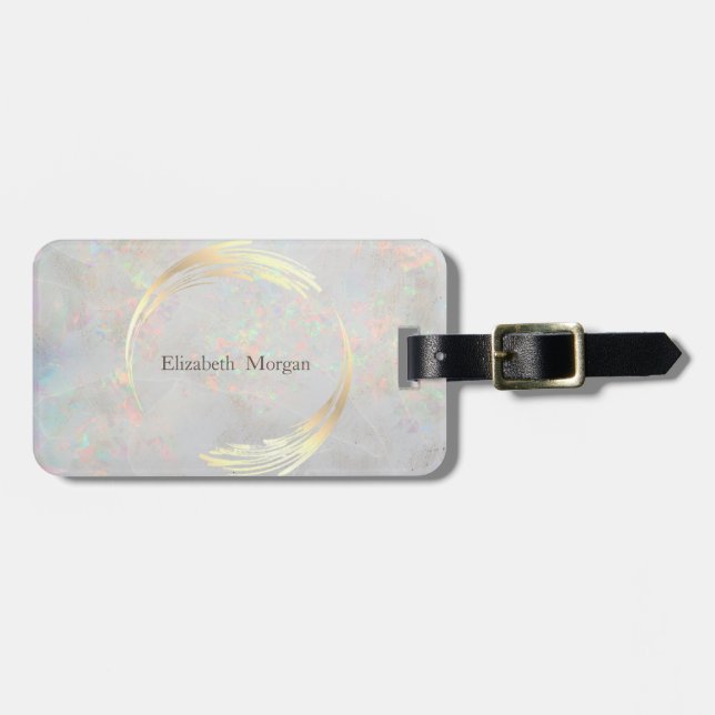 Elegant Modern Circle Gold, White Opal Luggage Tag (Front Horizontal)