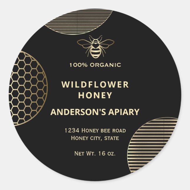 Elegant  Modern circles gold honey bee honey  Classic Round Sticker (Front)
