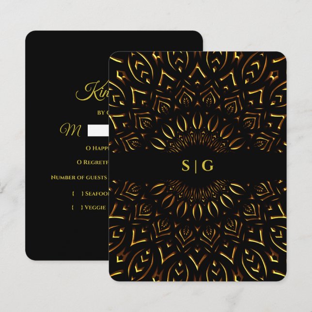 Elegant modern classic  black and gold  RSVP card (Front/Back)
