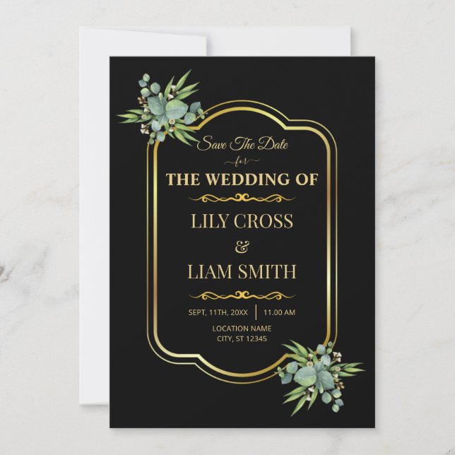 Elegant Modern Classic Black And Gold Wedding  Save The Date (Front)