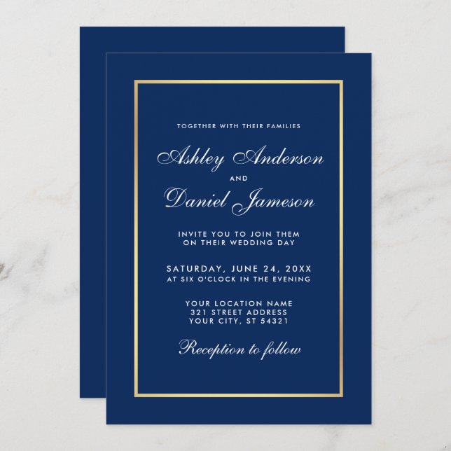 Elegant Modern Classic Blue Gold Wedding Invitation (Front/Back)