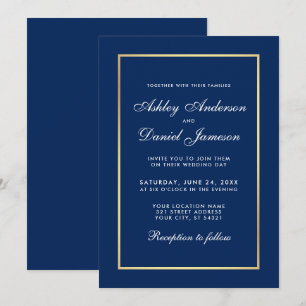 Elegant Modern Classic Blue Gold Wedding Invitation
