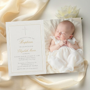 Elegant Modern Classic Frame Cross Photo Baptism Invitation