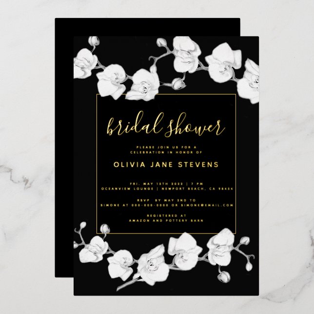 Elegant Modern Classic Orchids Black Bridal Shower (Front/Back)