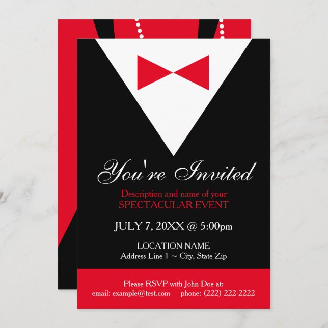 Elegant Modern Classy Formal Black Red Tuxedo Invitation (Front/Back)