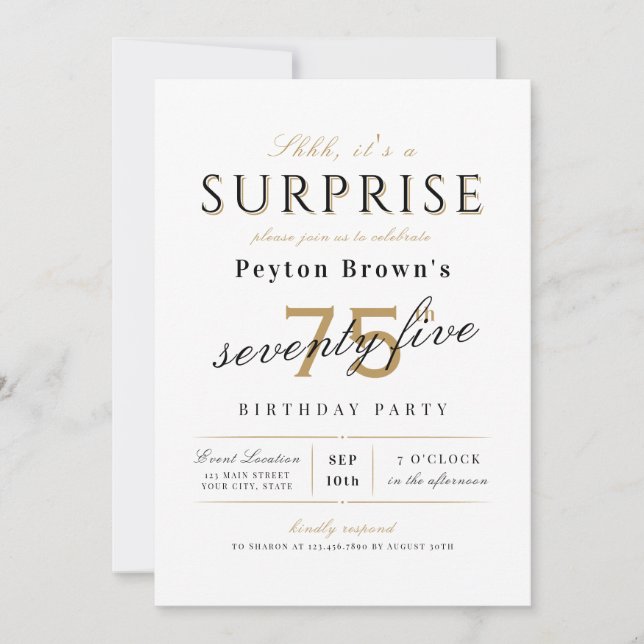 Elegant modern classy surprise 75th birthday invitation (Front)