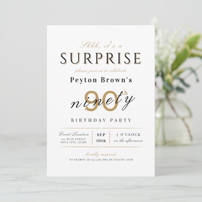 Elegant modern classy surprise 90th birthday invitation (Standing Front)