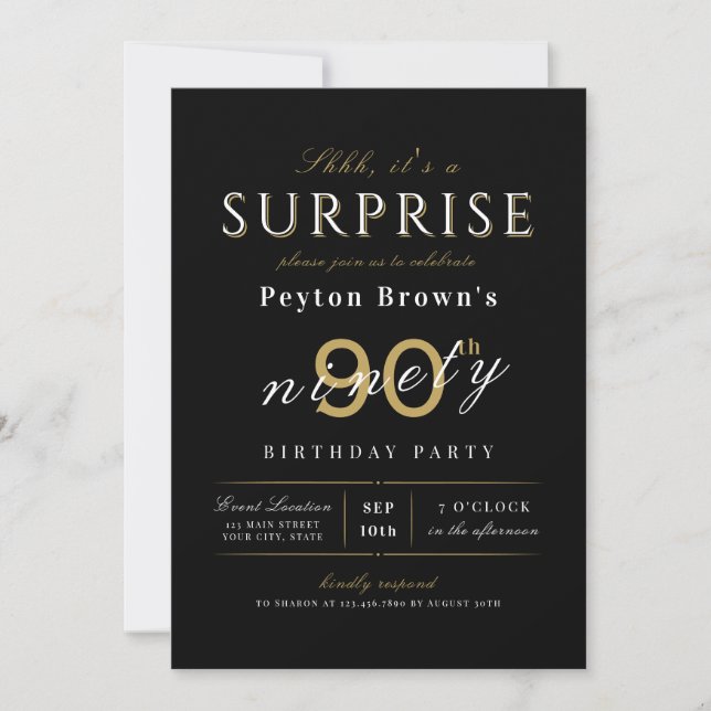 Elegant modern classy surprise 90th birthday invitation (Front)
