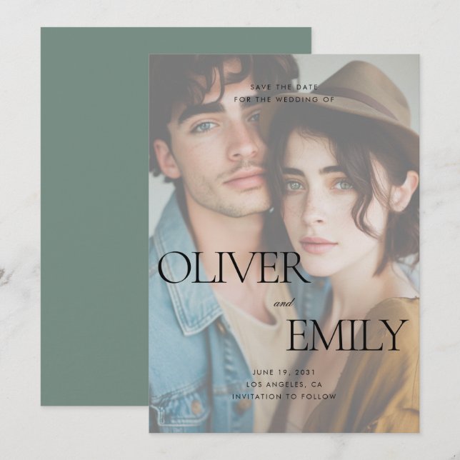 Elegant Modern Clean Sage Full Photo Wedding Save The Date (Front/Back)