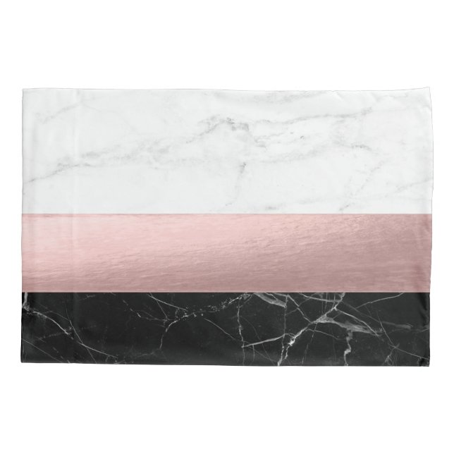 elegant modern clear black white marble rose gold pillowcase (Back)