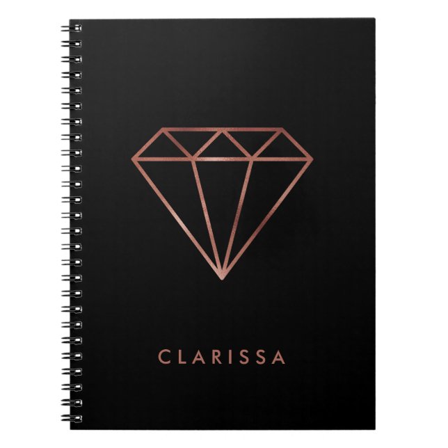 elegant modern clear faux rose gold diamond black notebook (Front)