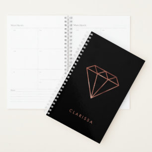 elegant modern clear faux rose gold diamond black planner