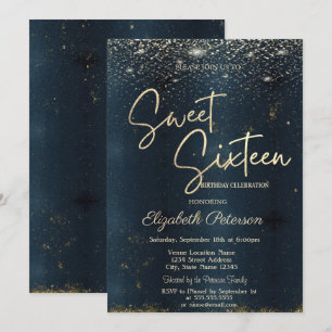 Elegant Modern Confetti Dark Blue Sweet 16 Invitation