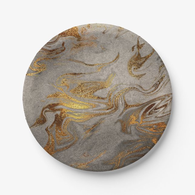 Elegant modern copper gold  & silver marble look paper plate (Front)