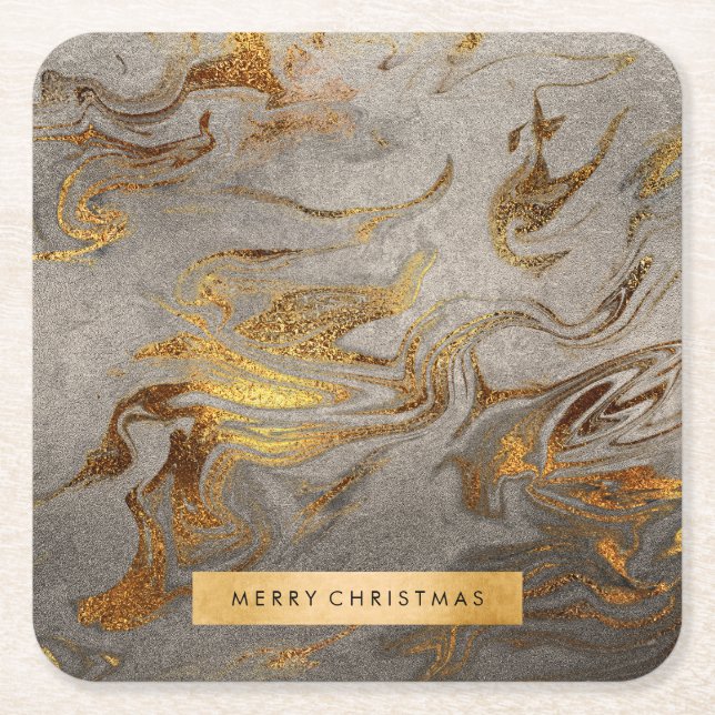 Elegant modern copper gold & silver marble look square paper coaster (Front)