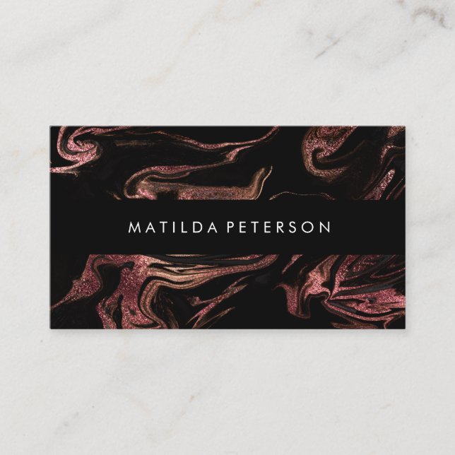Elegant modern copper rose gold black marble business card (Front)