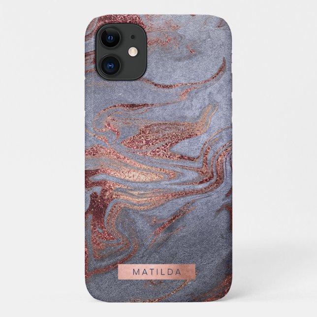 Elegant modern copper rose gold blue marble look Case-Mate iPhone case (Back)