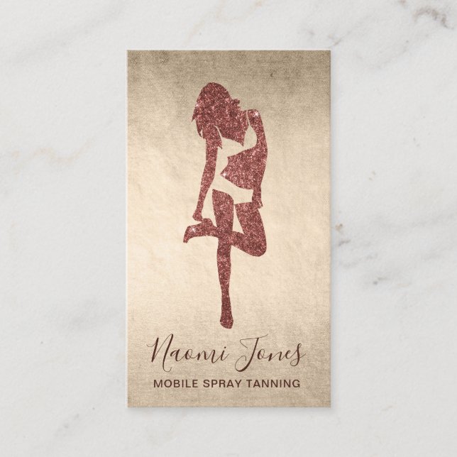 Elegant modern copper rose gold glitter spray tans business card (Front)