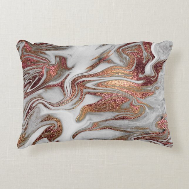 Elegant modern copper rose gold green marble look accent pillow (Front)