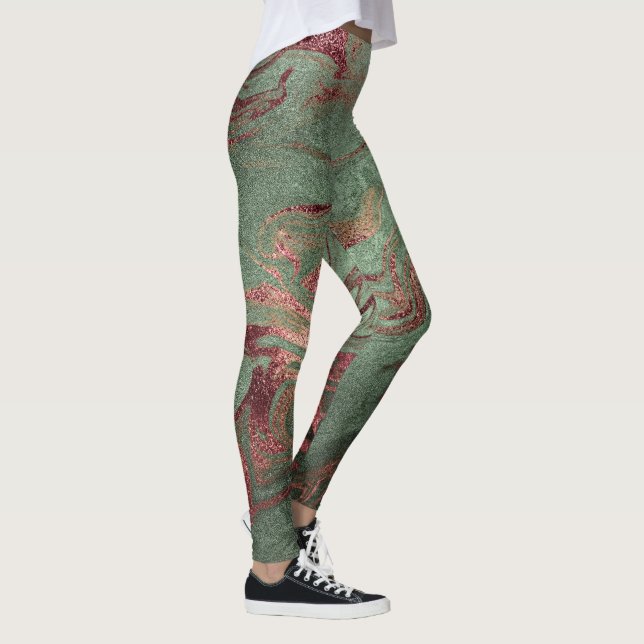 Elegant modern copper rose gold green marble look leggings (Right)