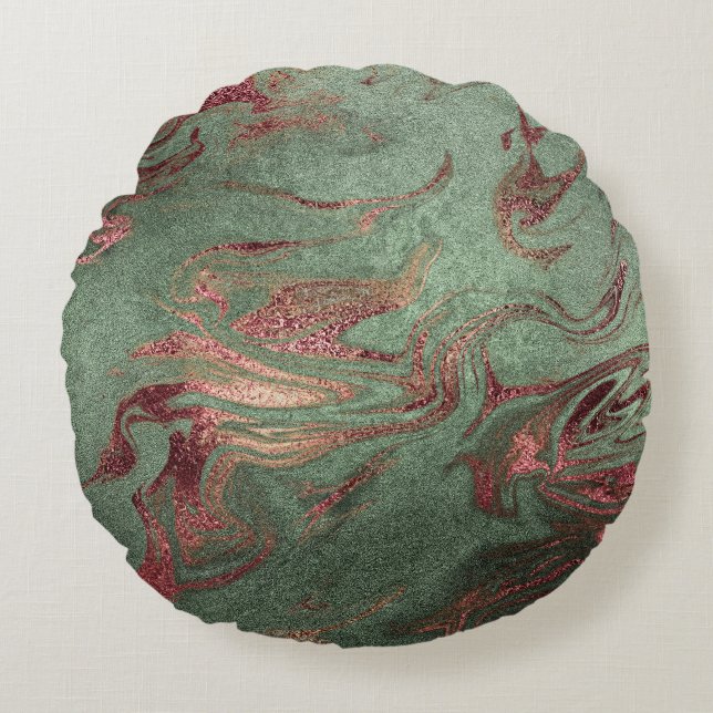 Elegant modern copper rose gold green marble look round pillow (Front)