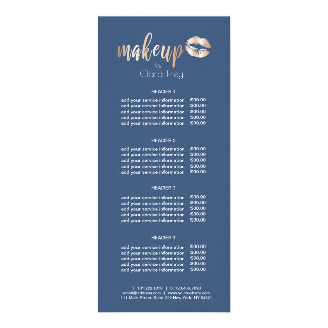 Elegant modern copper rose gold lips and makeup rack card (Front)