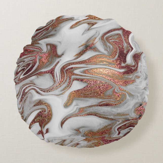 Elegant modern copper rose gold white marble look round pillow (Front)