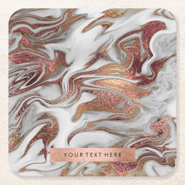 Elegant modern copper rose gold white marble look square paper coaster (Front)