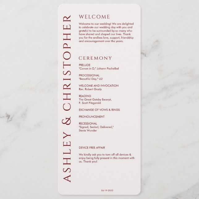 Elegant Modern Crimson Red Wedding Program (Front)